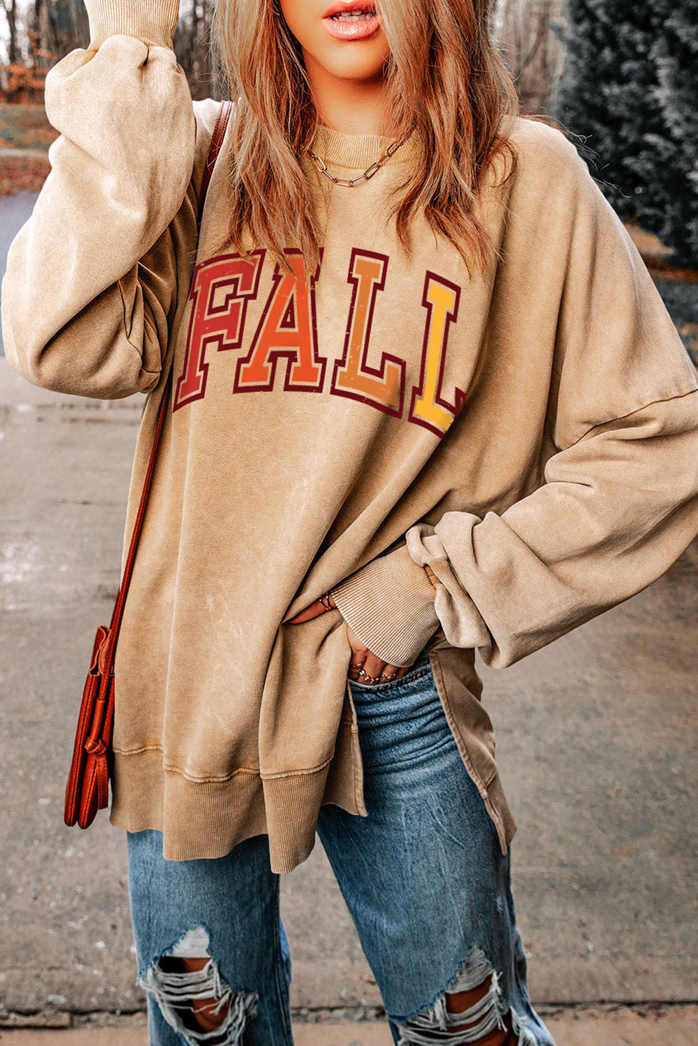 Khaki FALL Letter Print Oversized Pullover Sweatshirt