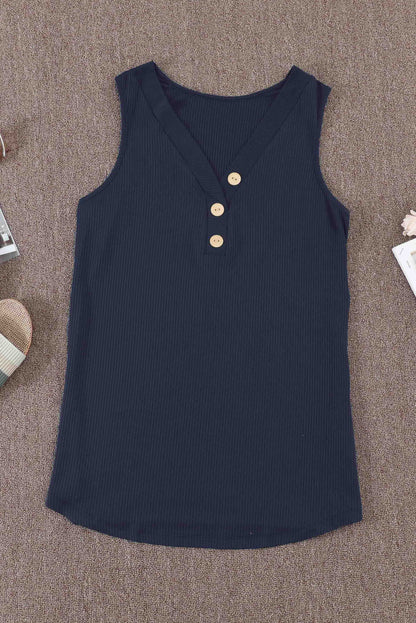 Button V-Neck Black Rib-Knit Tank Top