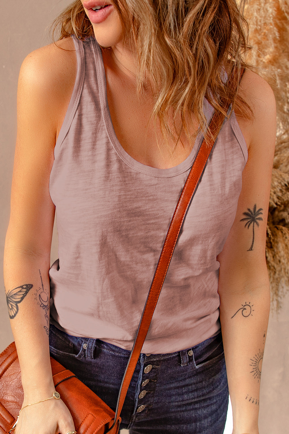 Gray Plain Scoop Neck Basic Solid Tank Top