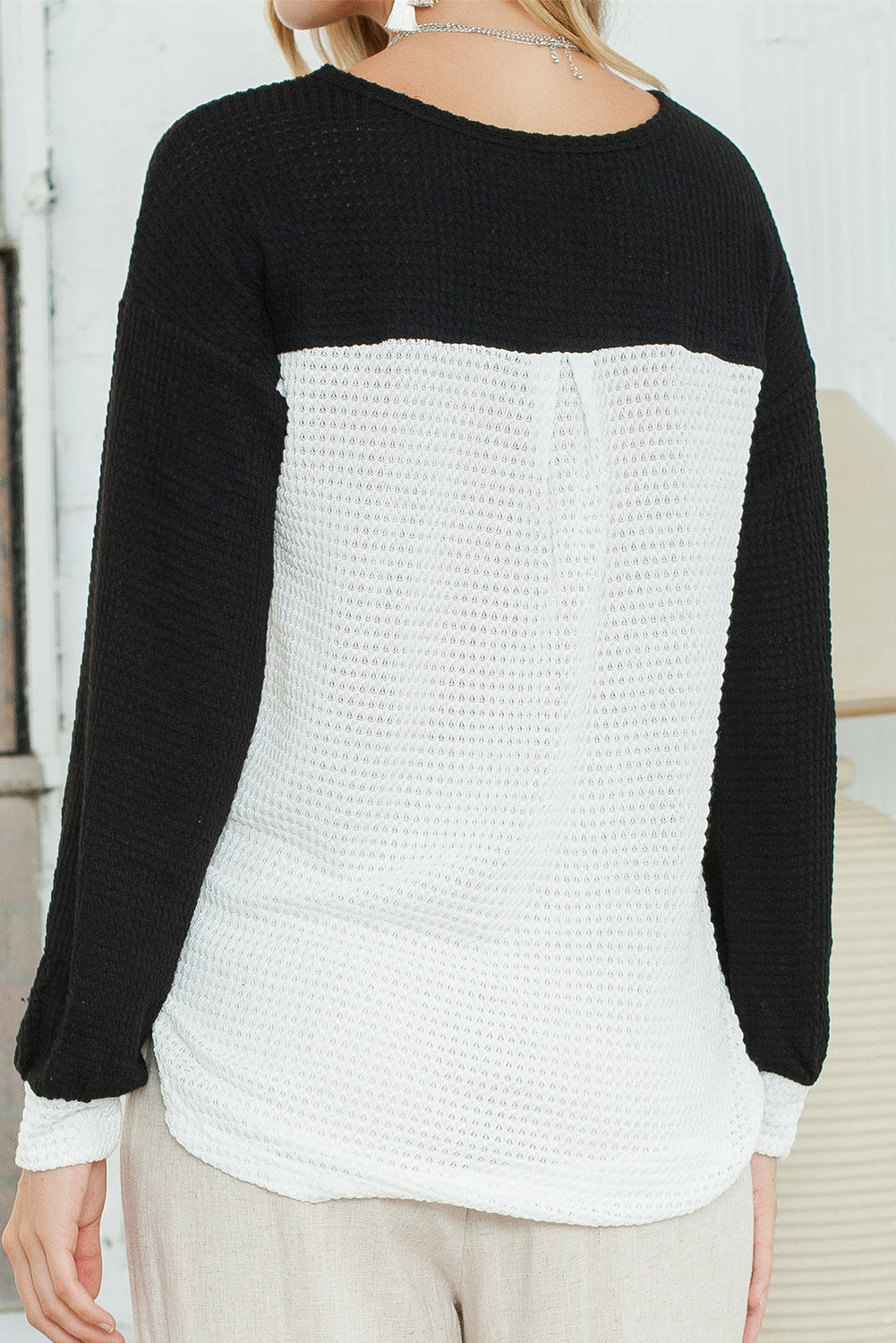 Black & White Color Block Waffle Knit Pullover