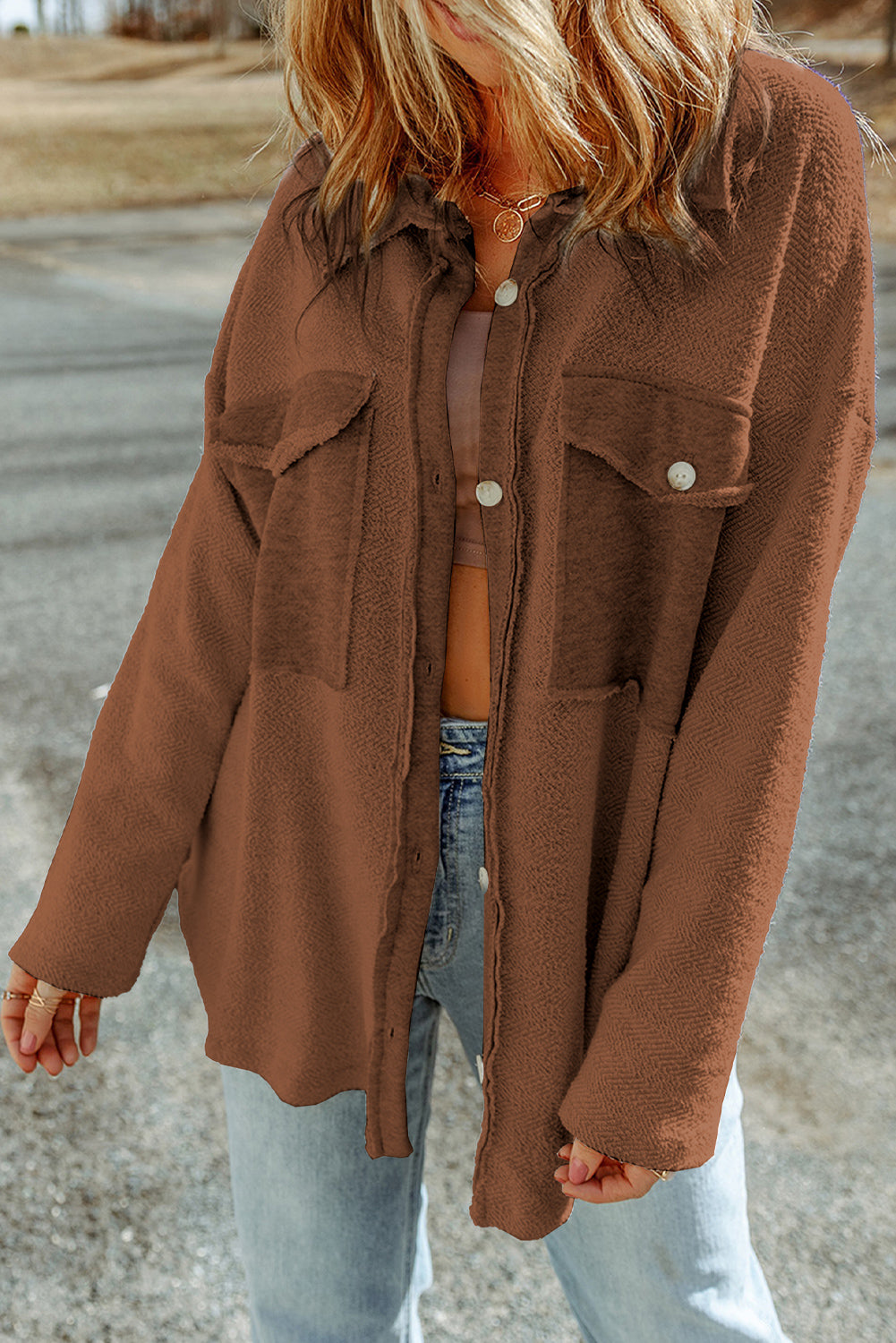 Grey Solid Color Textured Button Up Shirt Shacket with Pockets