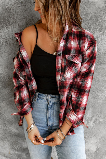 Brown Button Up Collared Plaid Shacket