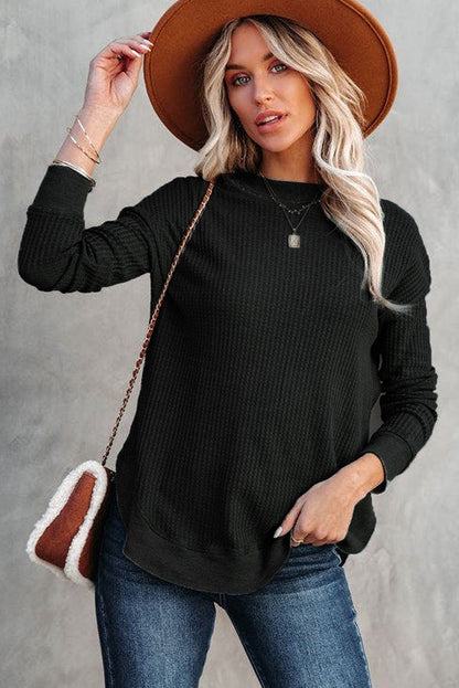 Pink Waffle Knit Crew Neck Casual Long Sleeve Top