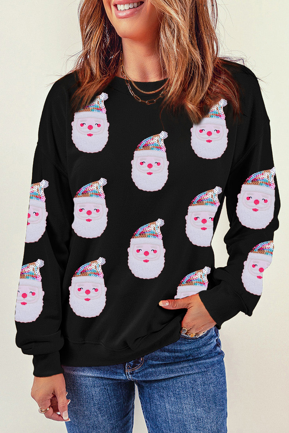 Black Christmas Santa Clause Patterned Graphic Sweatshirt