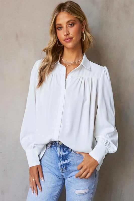 White Solid Color Button Up Puff Sleeve Pleated Shirt