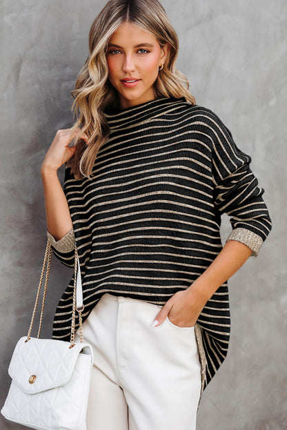 Gray Striped Turtleneck Oversized Sweater