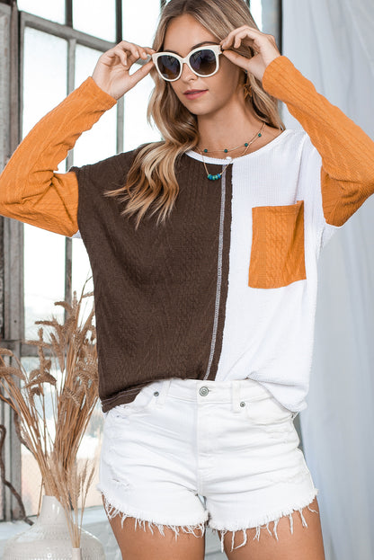 Brown Color Block Textured Chest Pocket Long Sleeve Top