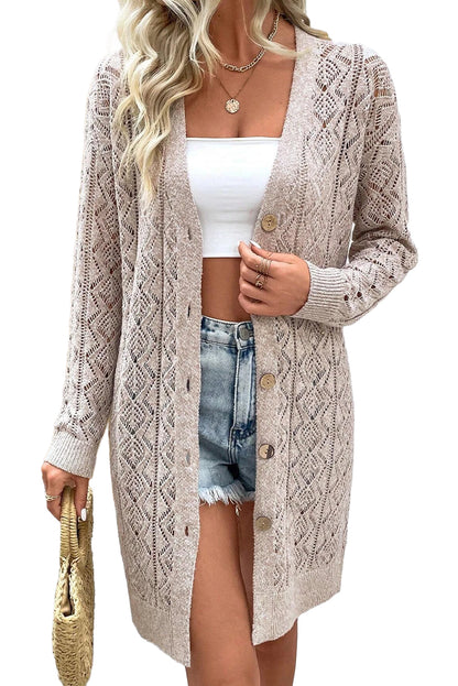 Parchment Hollow Out Button Front Long Cardigan