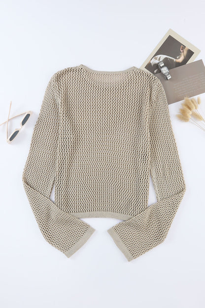 Khaki Solid Hollow-out Knit Long Sleeve Top