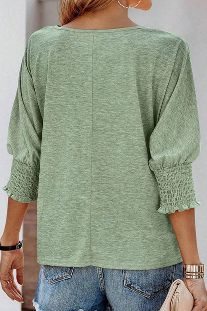 Green Plain Smocked Sleeve Casual Loose T Shirt