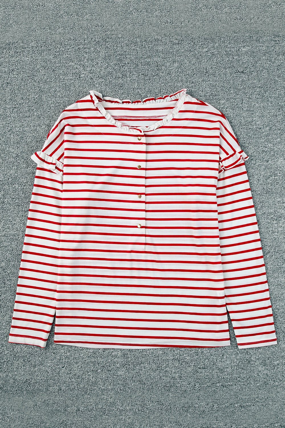 Red Striped Snap Button Frill Neck Long Sleeve Henley Shirt