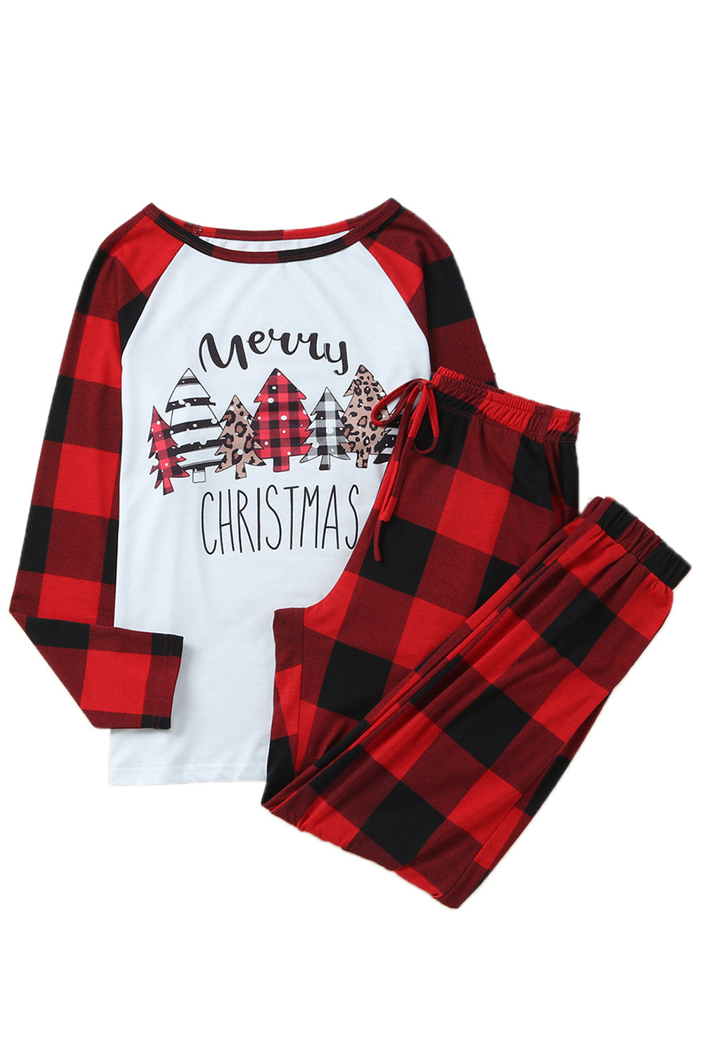 Red Plaid Merry Christmas Casual Top Pants Loungewear Set