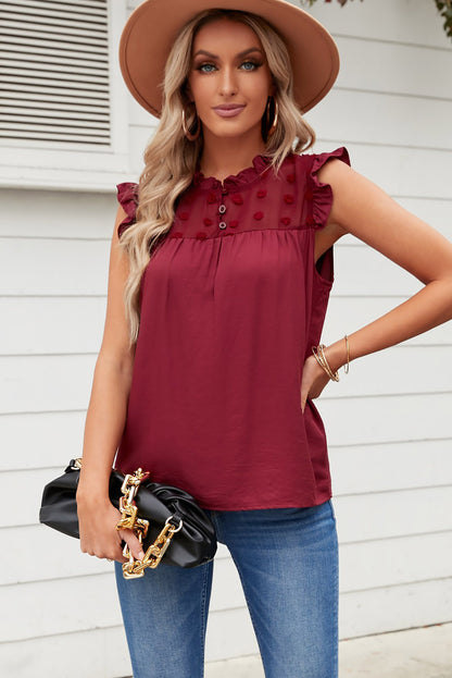 Burgundy Ruffle Trim Swiss Dot Button Closure Sleeveless Shirt