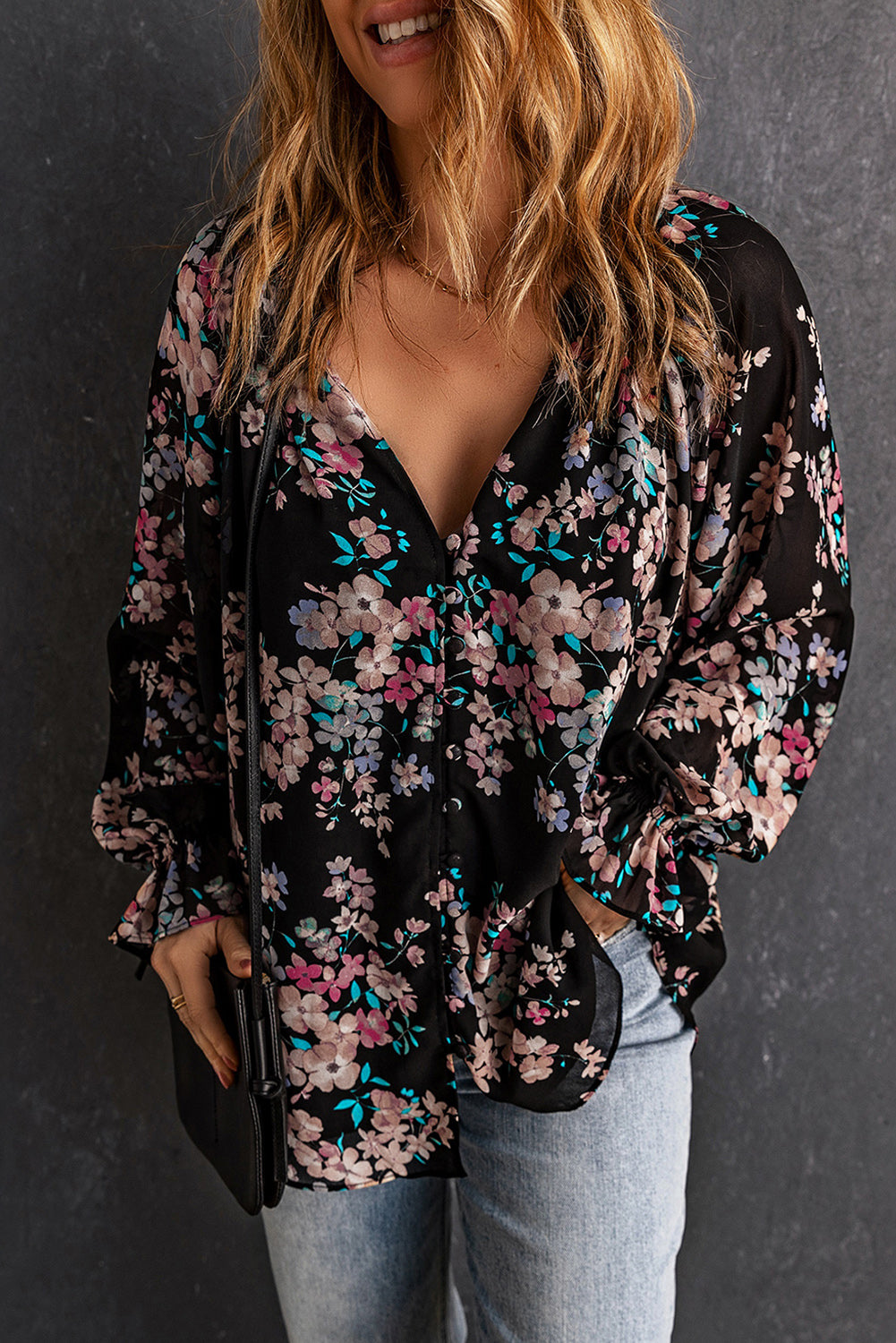 Black Floral Boho Chiffon Ruffle Blouse