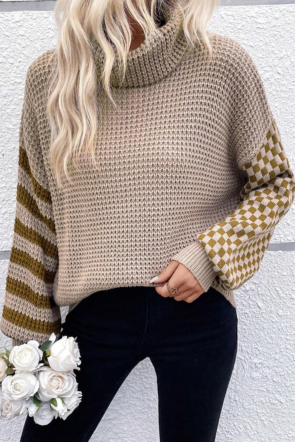 Black Striped Plaid Patchwork Waffle Knit Turtleneck Sweater