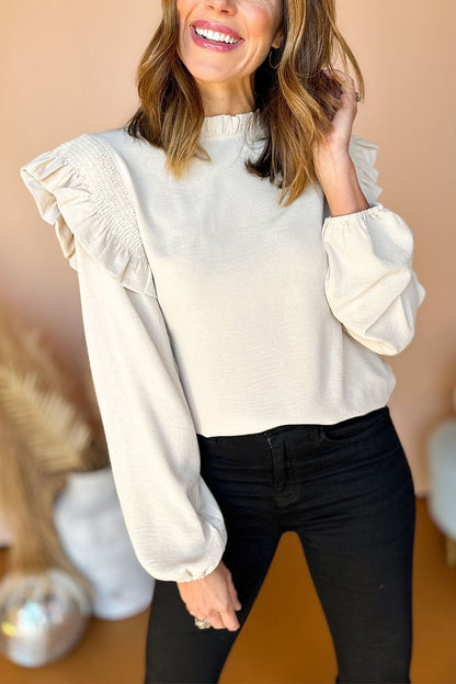 Black Frilled Neck Ruffled Trim Bubble Sleeve Blouse