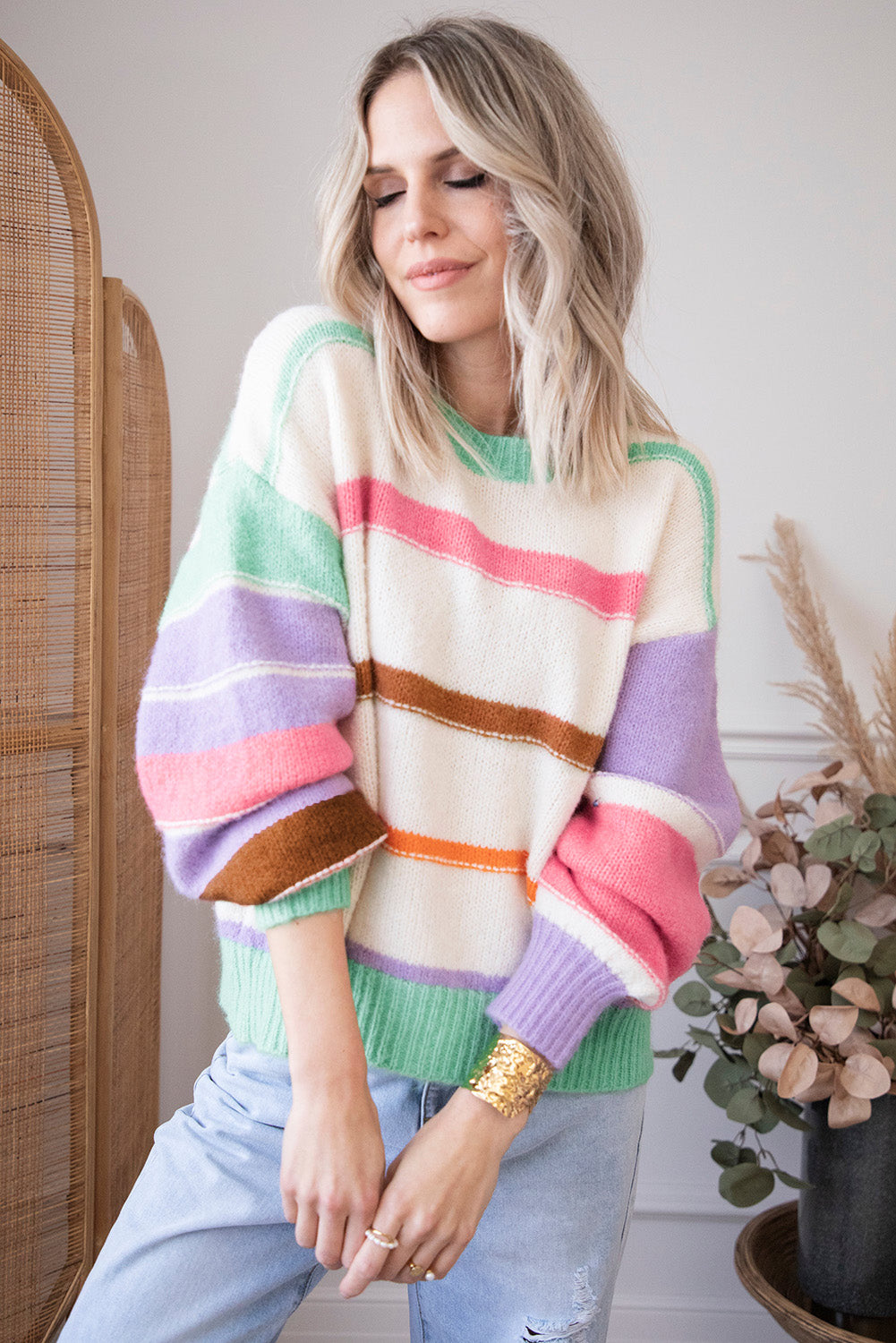 Multicolor Striped Drop Shoulder Crew Neck Sweater