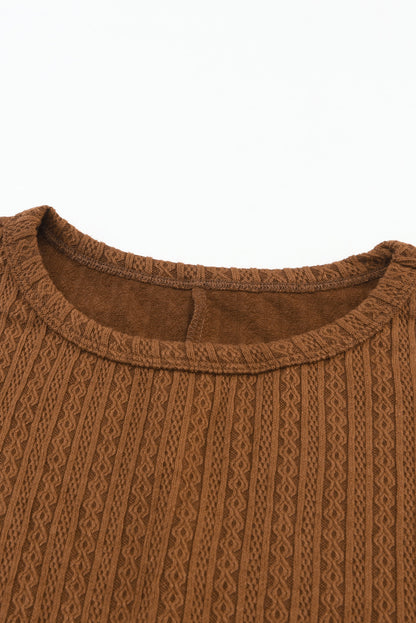 Brown Solid Color Textured Pullover Casual Top