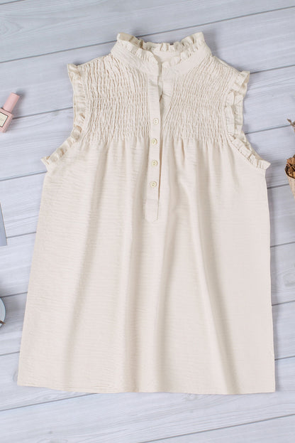 White Smocked Button Front V Neck Sleeveless Shirt