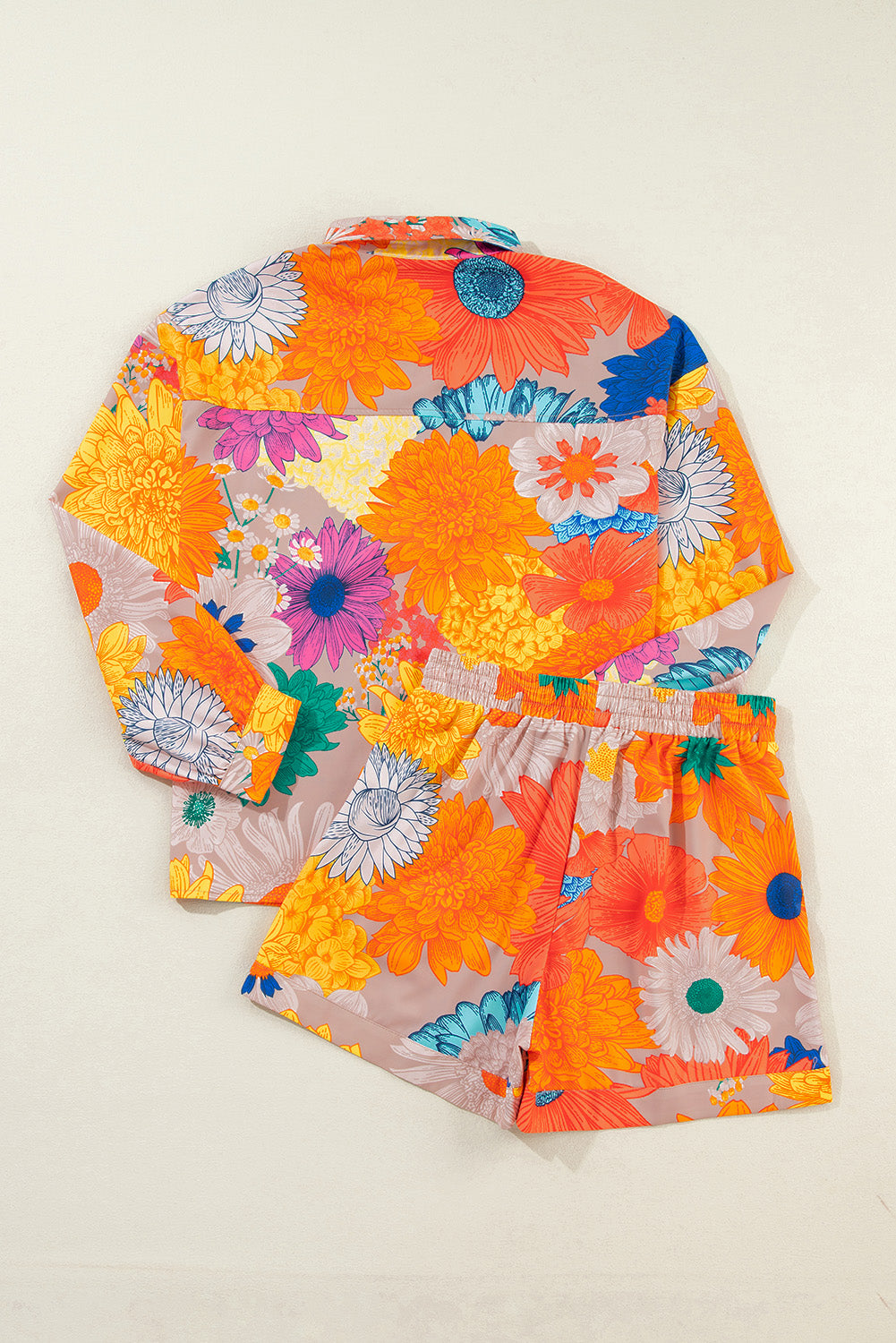 Orange Floral Print Lantern Sleeve Shirt & Drawstring Shorts Set