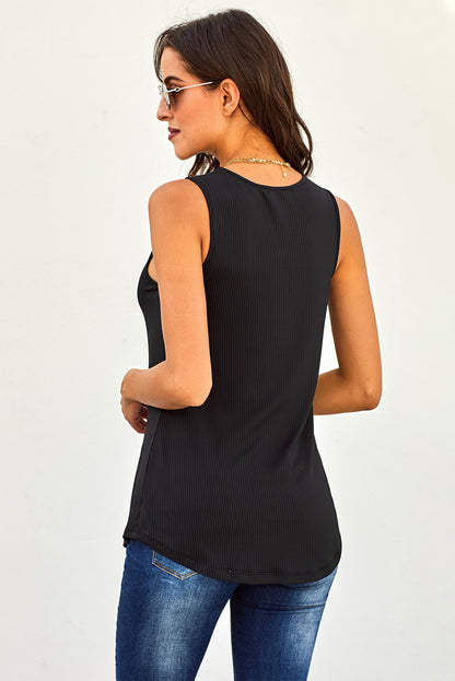 Button V-Neck Black Rib-Knit Tank Top