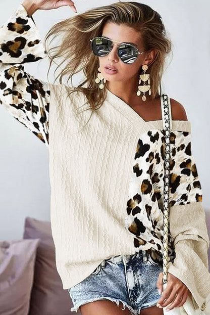 Beige V Neck Leopard Colorblock Patchwork Long Sleeve Top