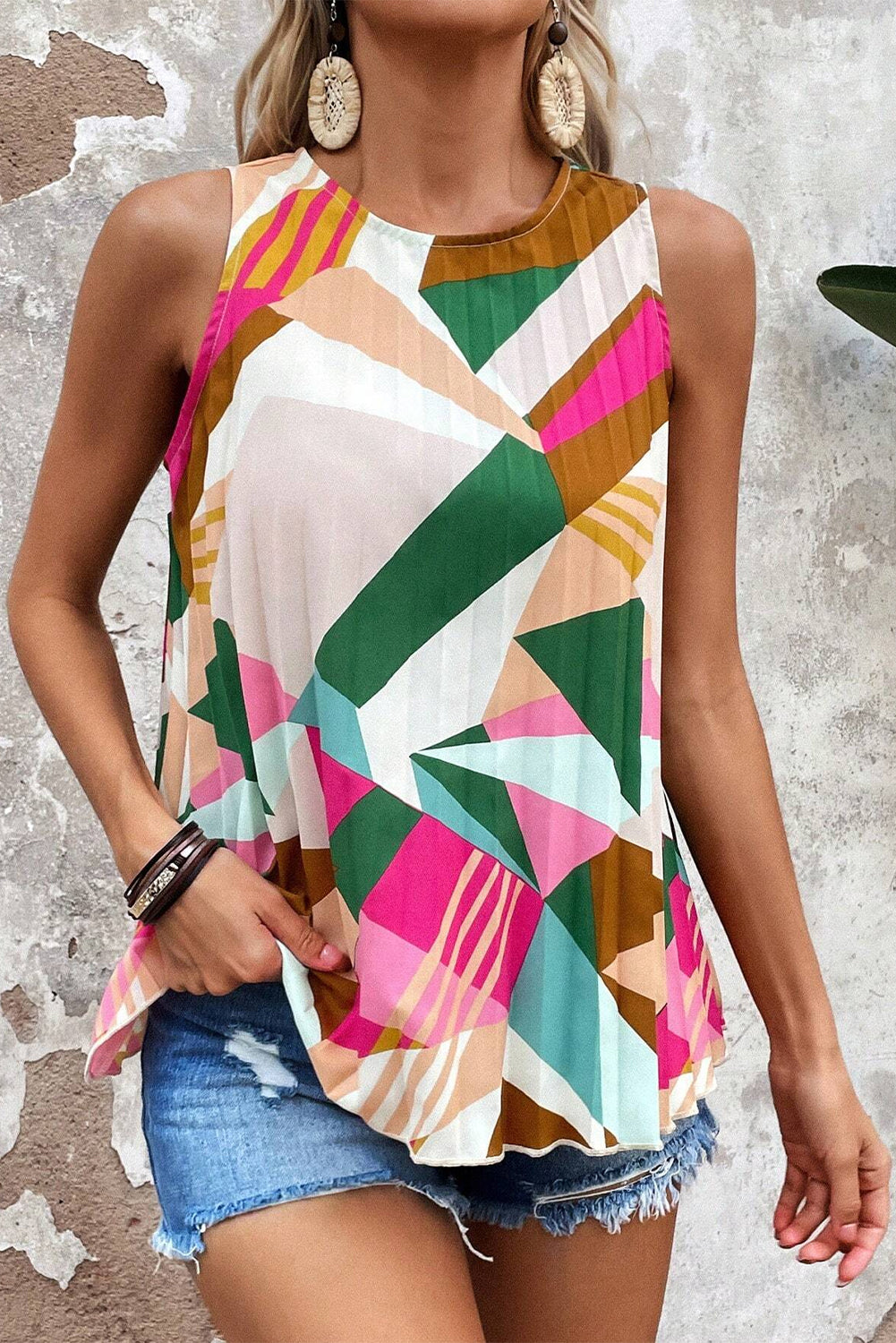 Multicolor Boho Geometric Print Keyhole Back Sleeveless Shirt