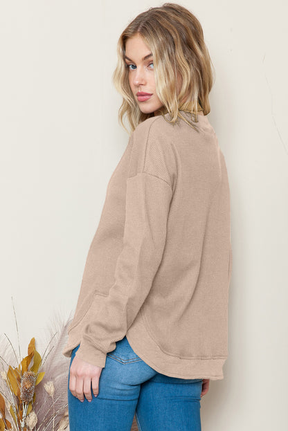 Pink Waffle Knit Crew Neck Casual Long Sleeve Top