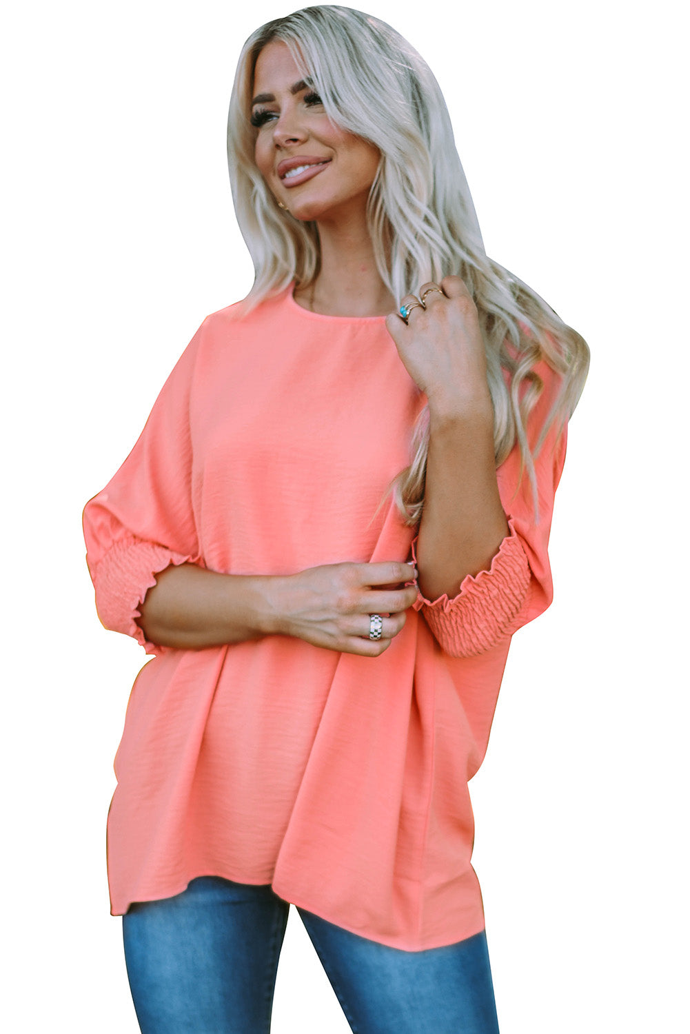 Pink Casual Shirred Cuffs Half Sleeve Top