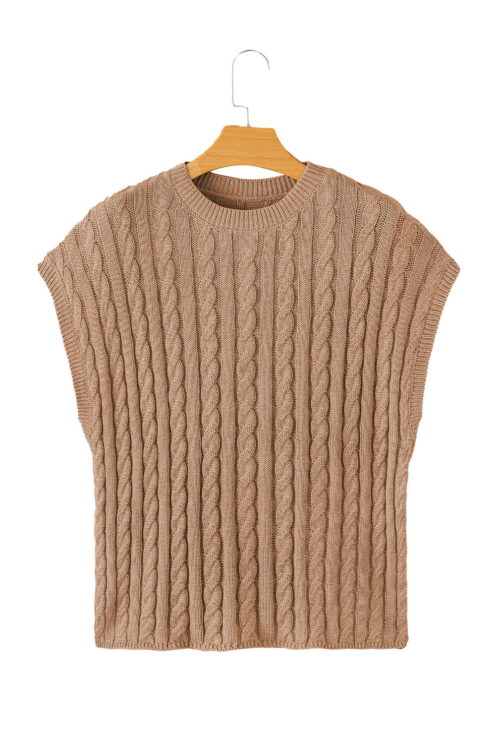 Gray Solid Cable Knit Short Sleeve Roun Neck Sweater