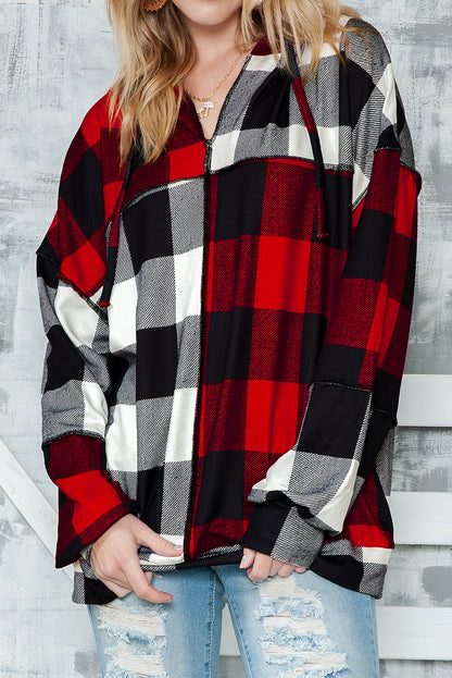 Multicolor Patchwork Buffalo Plaid Hooded Top