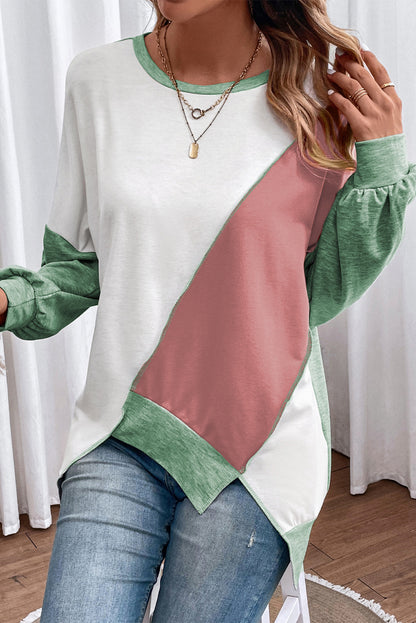 Khaki Colorblock Stitching Irregular Hem Long Sleeve Top