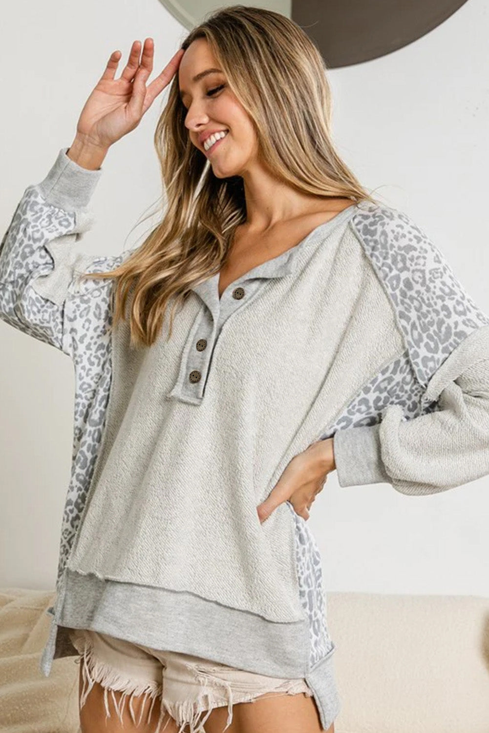 Grey Leopard Print Raglan Sleeve Casual Henley Sweatshirt