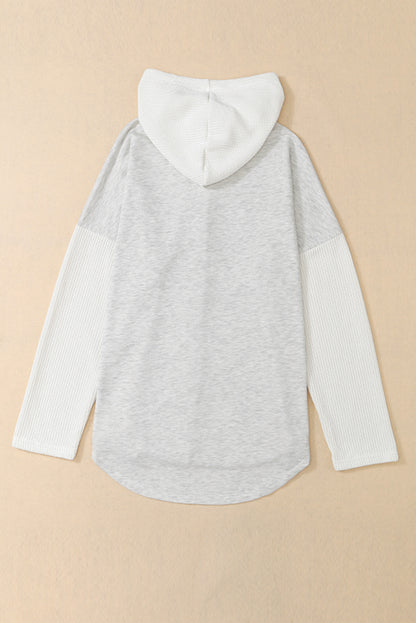 Gray Button Up Contrast Knitted Sleeves Hooded Jacket