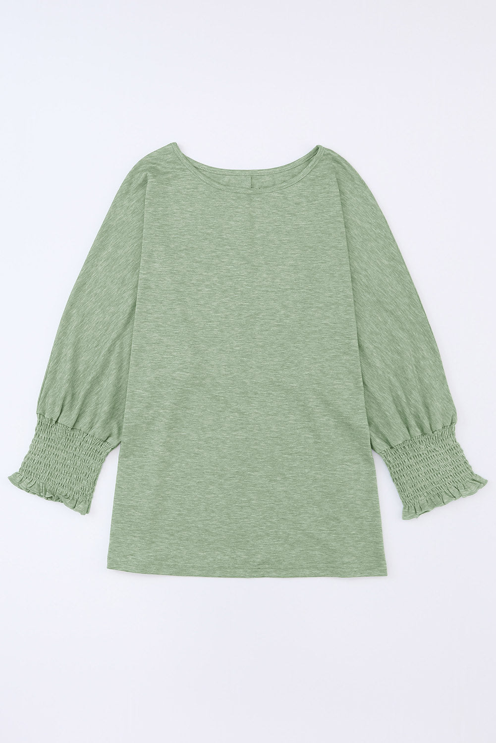 Green Plain Smocked Sleeve Casual Loose T Shirt