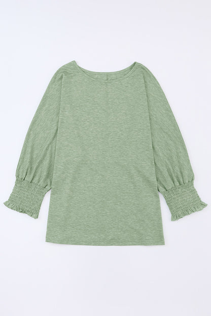 Green Plain Smocked Sleeve Casual Loose T Shirt