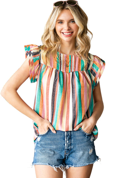 Multicolor Striped Back Button Keyhole Layered Sleeve Blouse