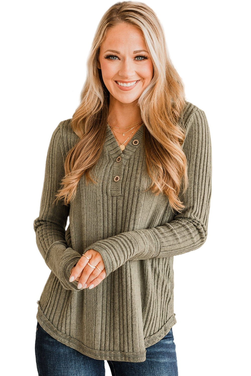 Pickle Green V Neck Buttoned Ribbed Knit Top