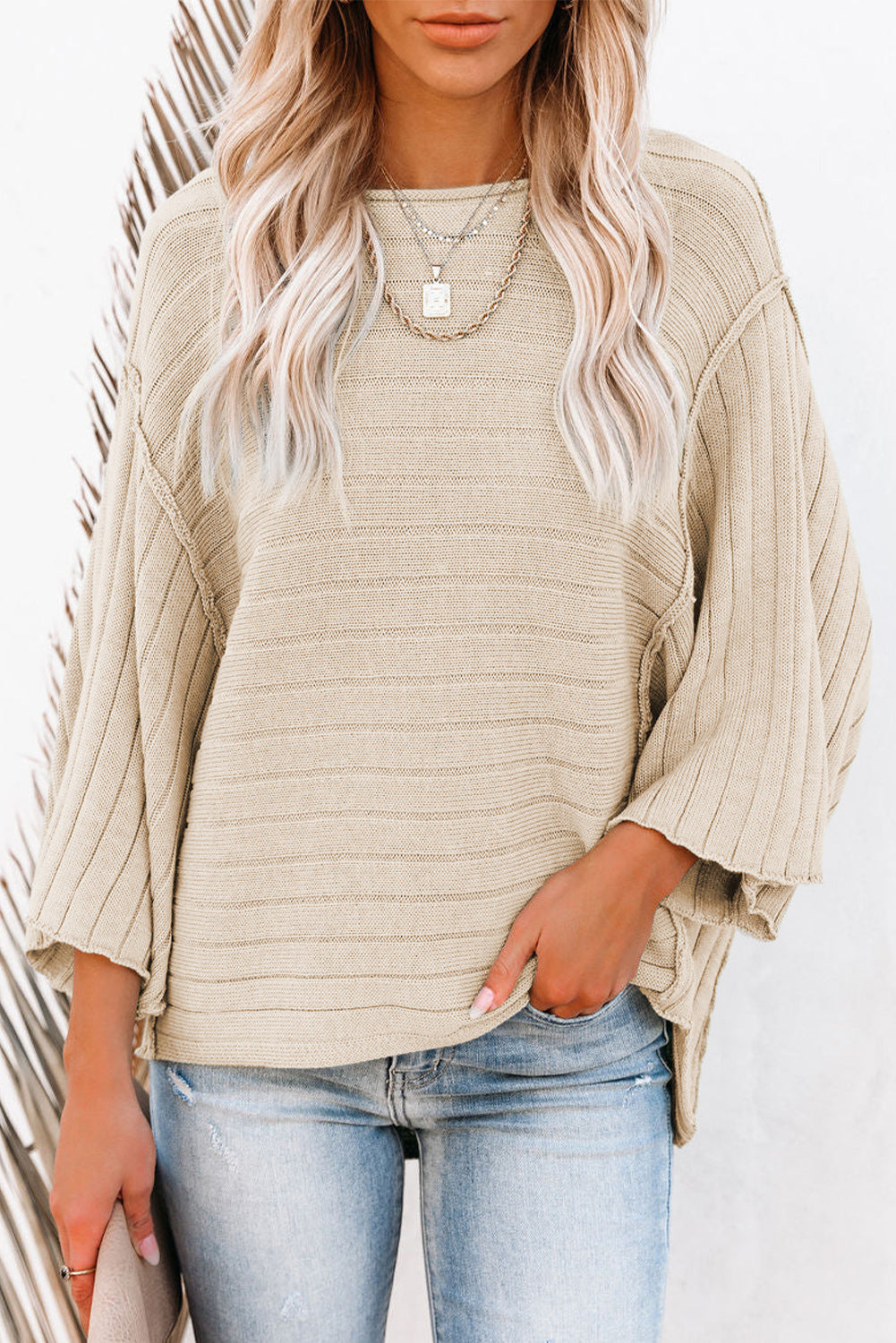 Apricot Solid Color Ribbed Knit 3/4 Sleeve Pullover Sweater