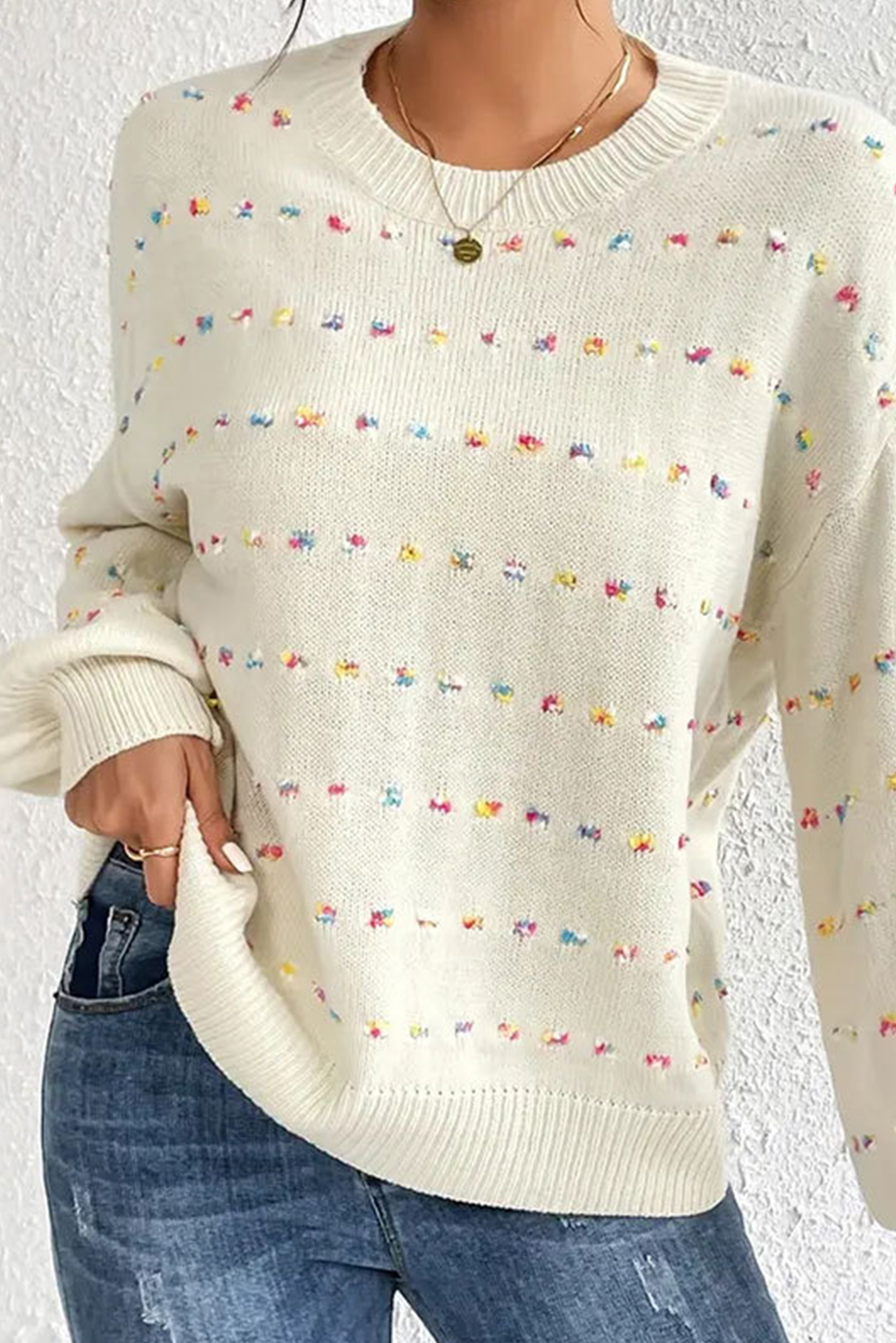 Beige Striped Swiss Dot Knitted Sweater