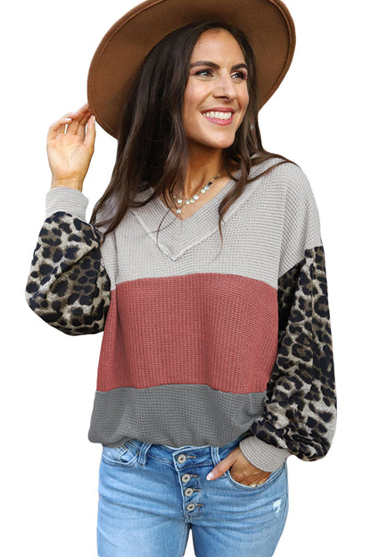 Leopard Print Color Block Waffle Knit Top