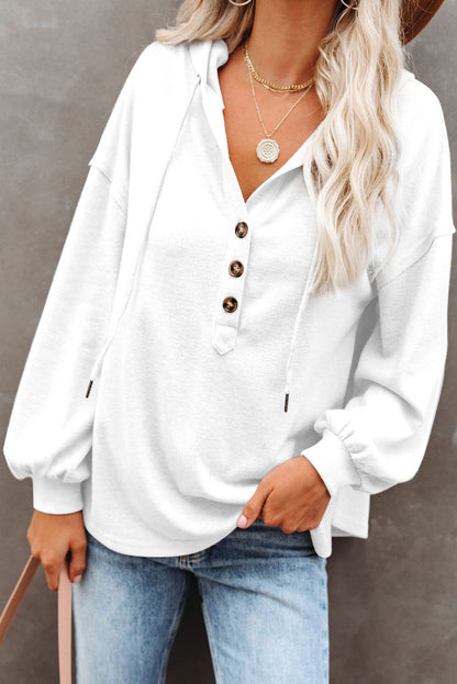 White Button Front Pullover Hooded Sweatshirt