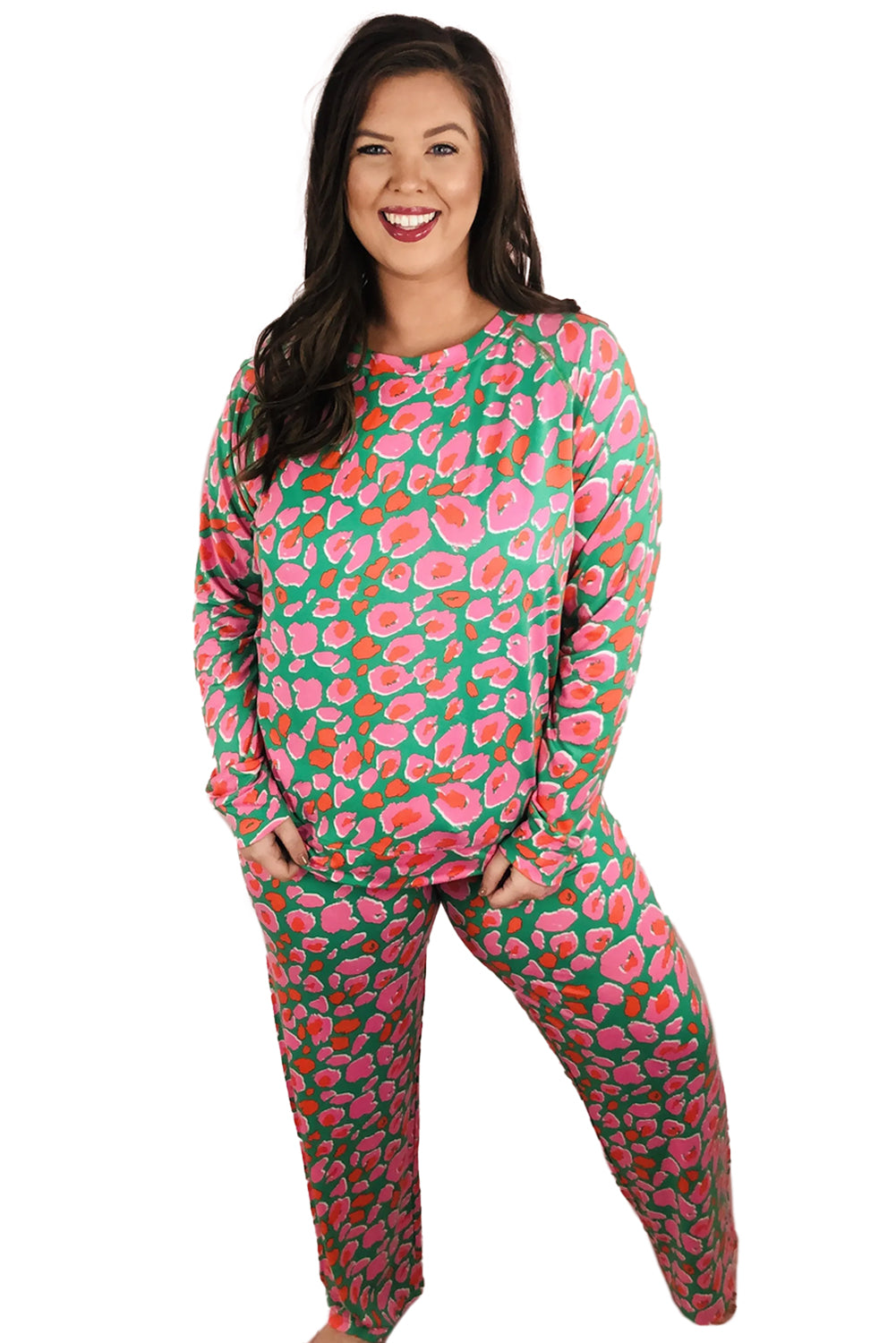 Green Plus Size Leopard Long Sleeve and Pants Loungewear Set