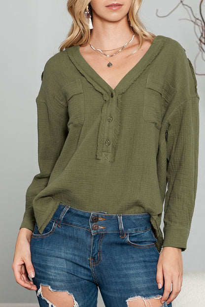 Green Gauze Buttoned V Neck Long Sleeve Shirt with Pockets