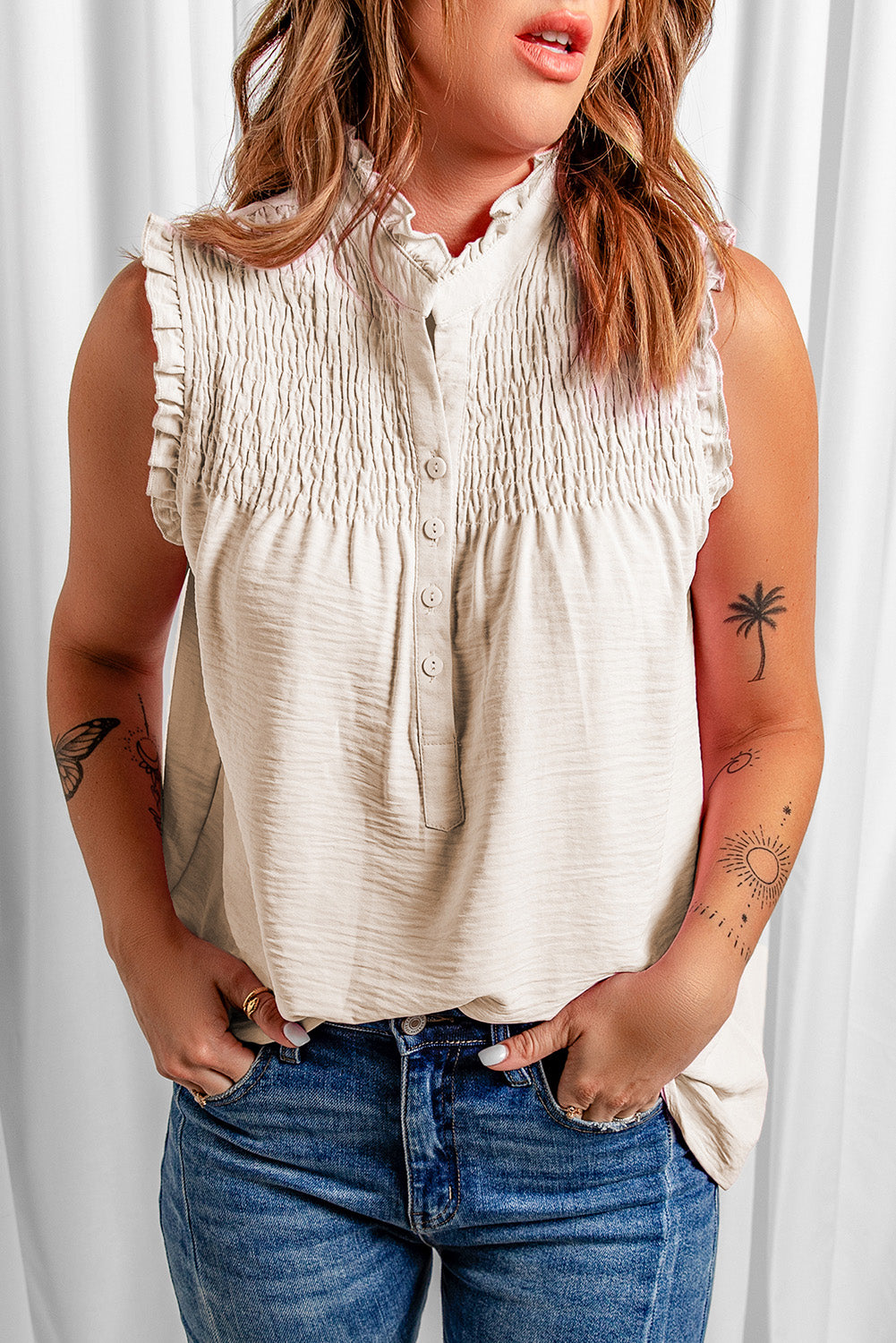 White Smocked Button Front V Neck Sleeveless Shirt