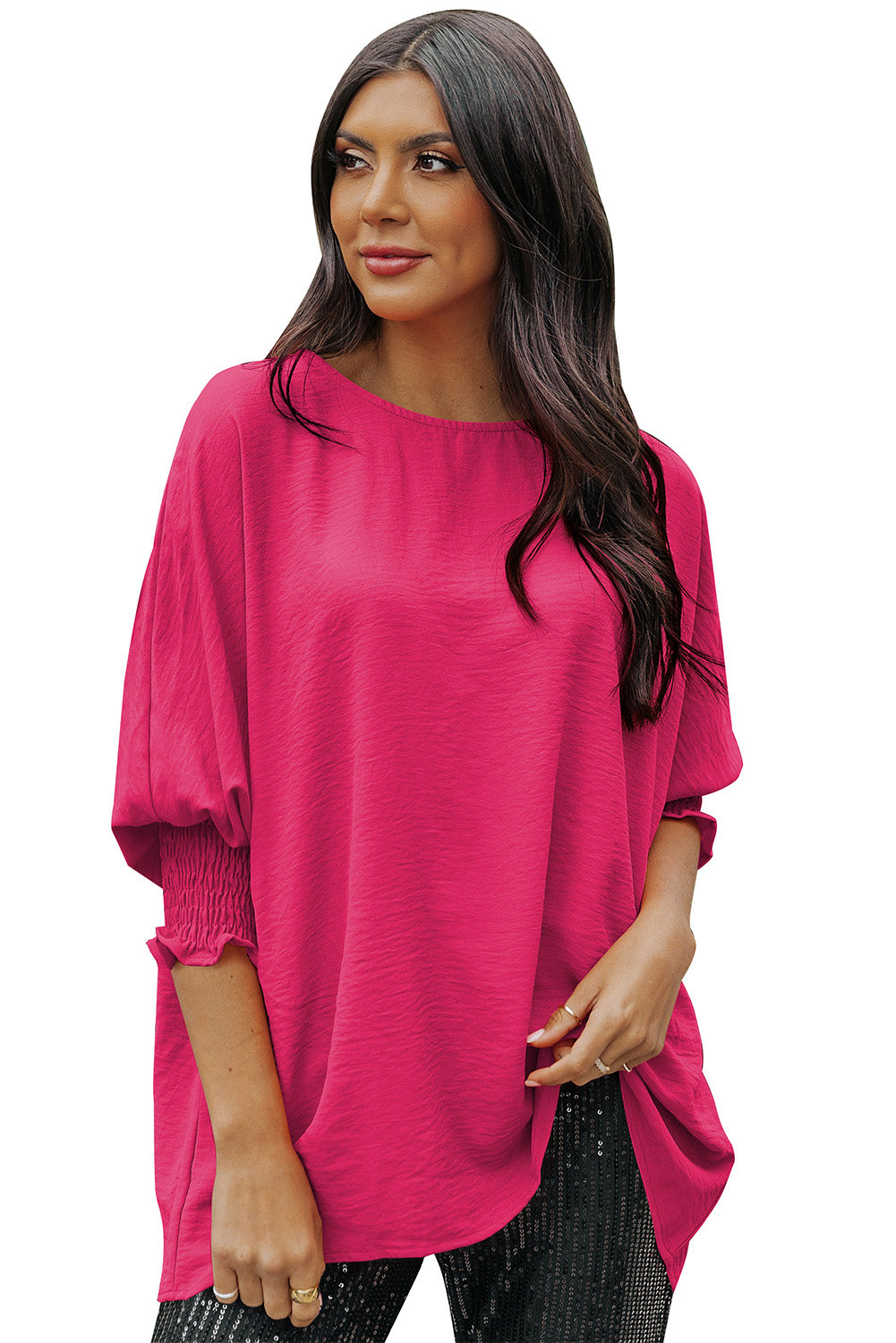 Pink Casual Shirred Cuffs Half Sleeve Top