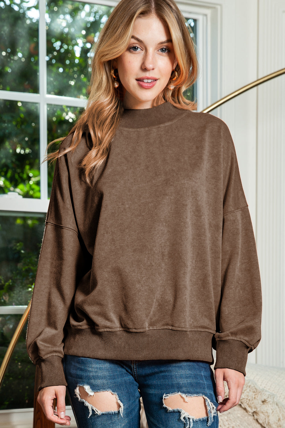 Brown Drop Shoulder Crew Neck Pullover Sweatshirt