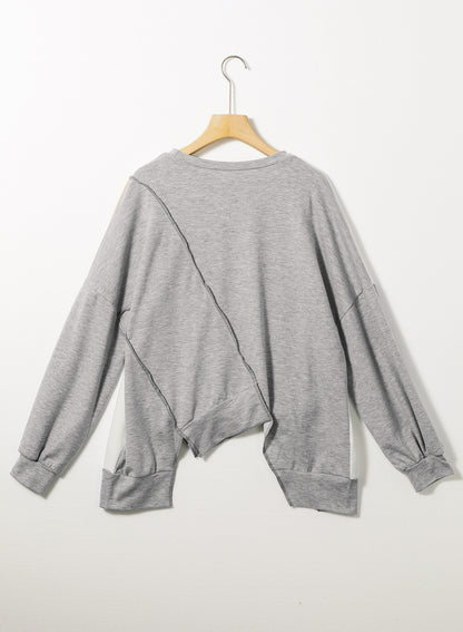 Khaki Colorblock Stitching Irregular Hem Long Sleeve Top