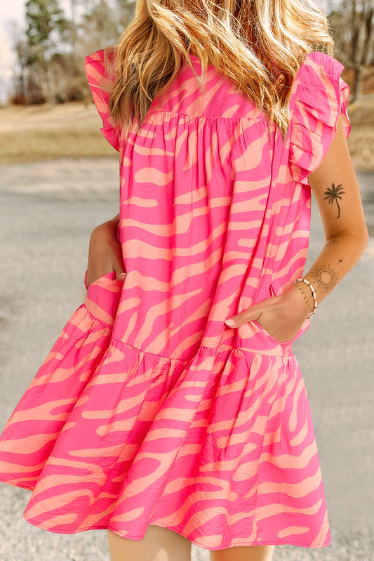 Pink Zebra Print Ruffle Trim Mini Dress