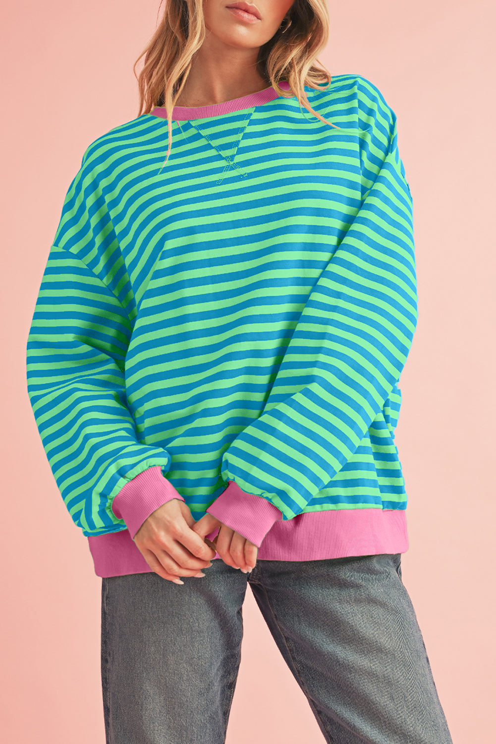 Sky Blue Stripe Contrast Edge Oversized Pullover